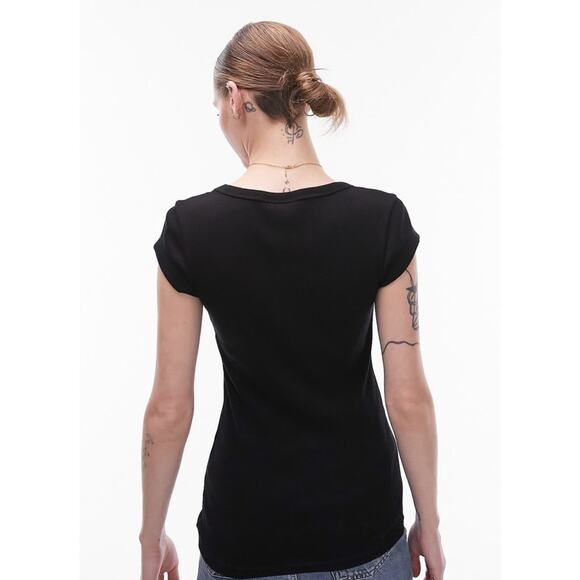 Ann Taylor Womens Black Cotton Scoop Neck Cap Sleeve Cute Little Tee Shirt Small - Picture 6 of 11